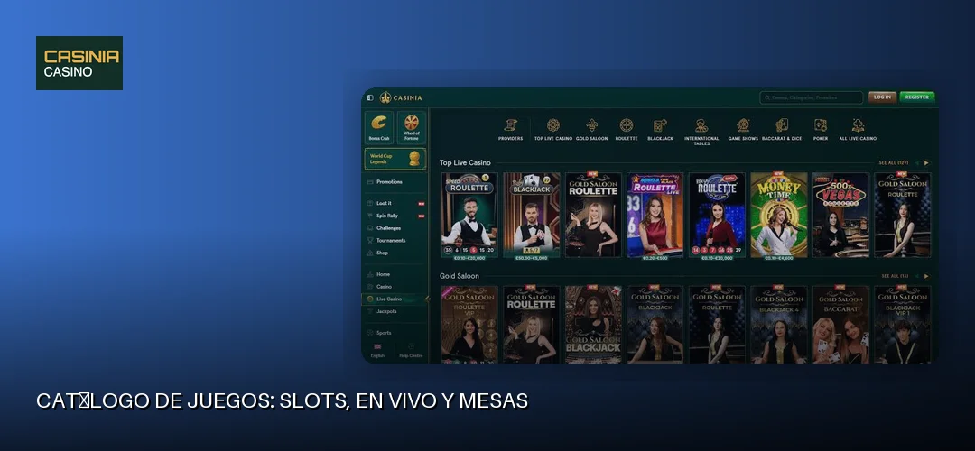 Catálogo de juegos: slots, en vivo y mesas